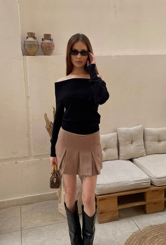 Beige Pleated Mini Skirt